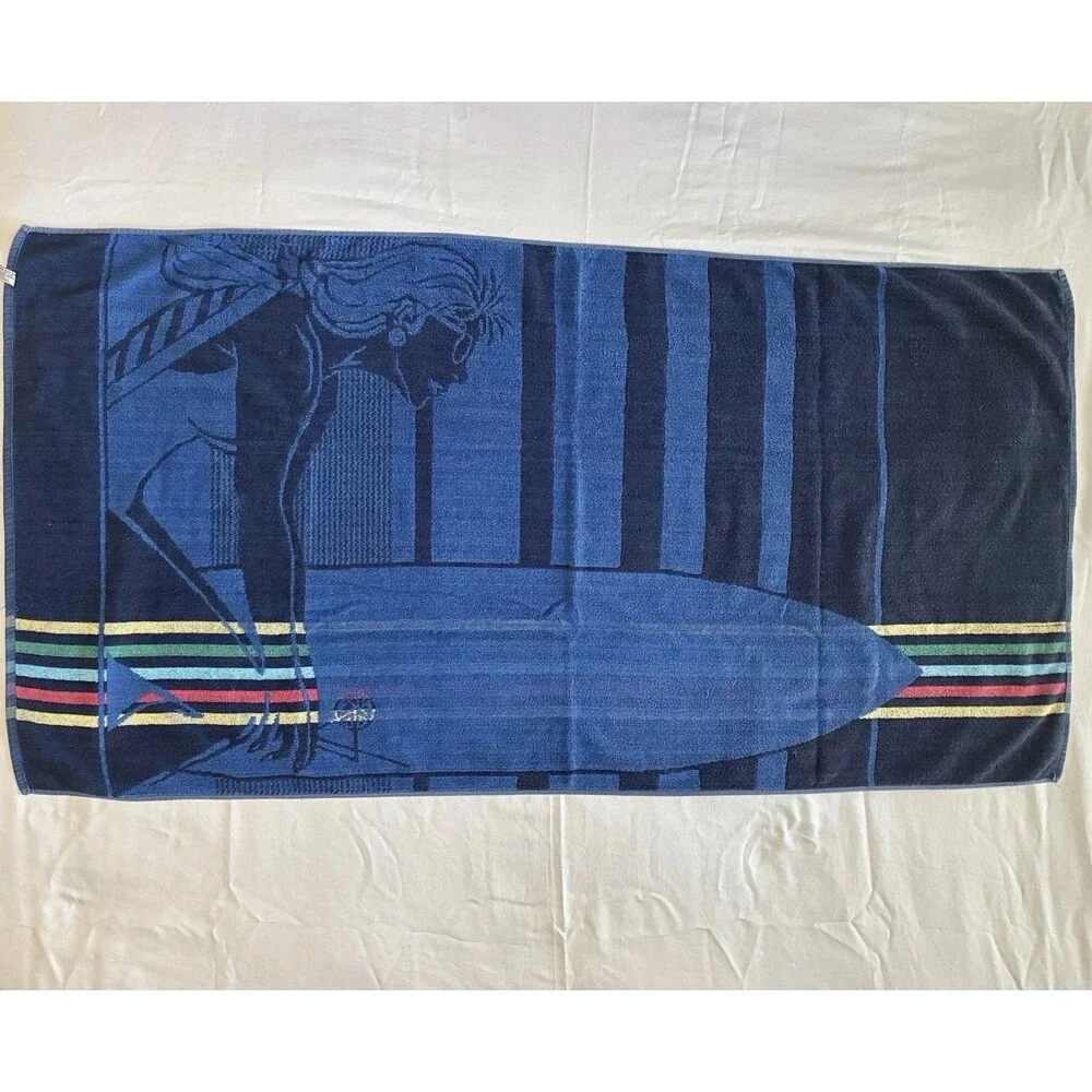 Surfer Girl Beach Towel 27x54 Surfboard Blue Stripes Reversible Navy Blue *READ*